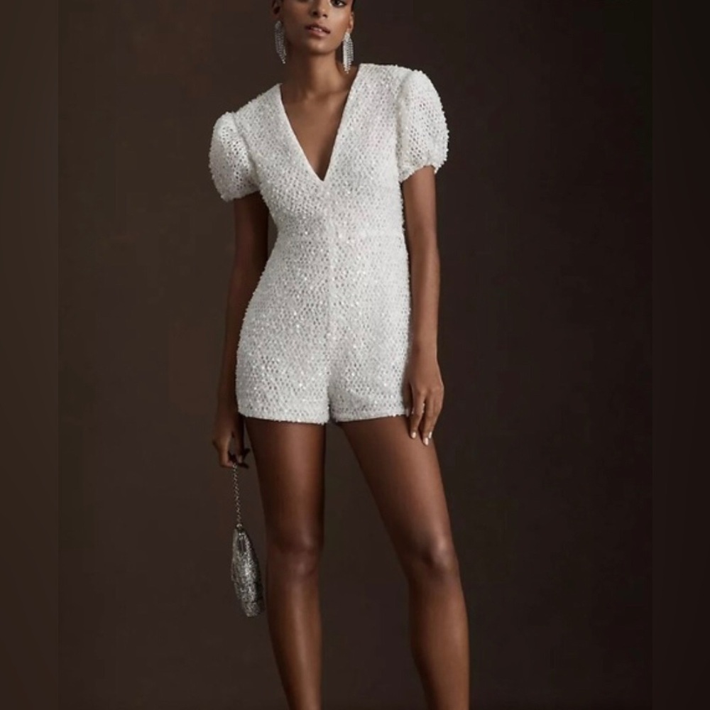 BHLDN Anthropologie Watters Fizz Sequin Wedding Romper White Size 8